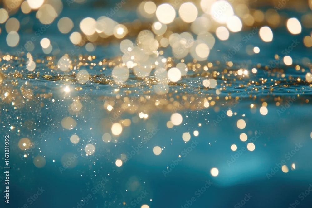 Poster close-up shot of water surface with sparkling lights reflected on the surface