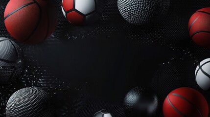 Sports Ball  Frame:  A captivating arrangement of diverse sports balls, including basketballs, soccer balls, and volleyballs,  creating a dynamic,  circular frame against a  dramatic black background.