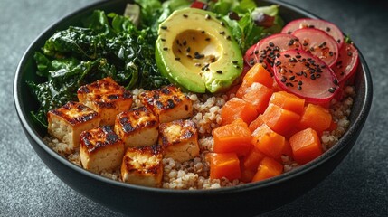 Healthy meal option with brown rice, mixed vegetables, and plant-based protein