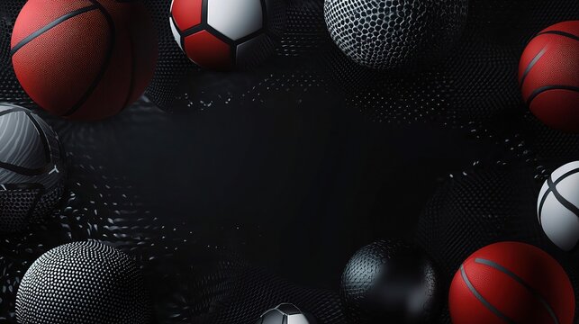 Sports Ball  Frame:  A captivating arrangement of diverse sports balls, including basketballs, soccer balls, and volleyballs,  creating a dynamic,  circular frame against a  dramatic black background.