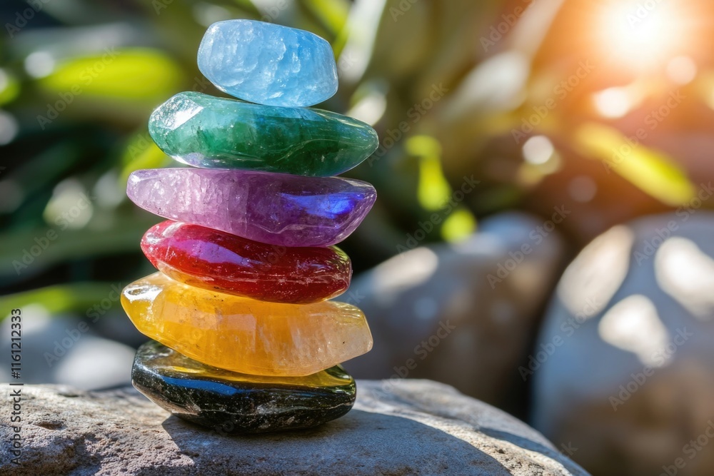 Poster a colorful stack of rocks sitting on top of another rock, perfect for use in travel or nature-themed