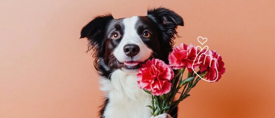 Adorable Border Collie Dog Holding a Bouquet of Pink Carnations