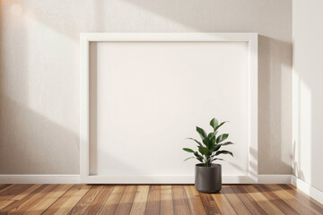 blank frame in minimalist room with potted plant beside it creates serene atmosphere. natural light enhances warm wooden floor and soft wall texture