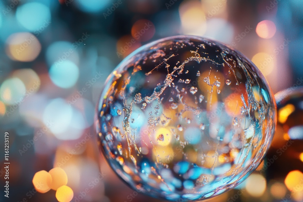 Poster a close-up view of a glass ball with colorful lights shining from behind