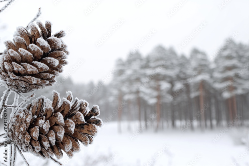 Poster a cluster of pine cones resting on a bare winter branch covered in snow