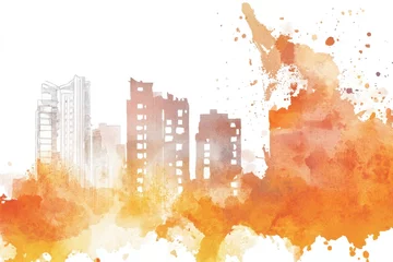 Papier peint photo intissé Watercolor painting of a city skyline with vibrant colors and abstract shapes