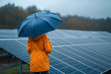 Person in Yellow Raincoat Stands in the Rain With Umbrella Observing Solar Panels in a Rural Area During a Cloudy Day