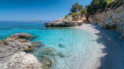 Fototapeta premium Serene beach with crystal clear water and rocky coastline on a sunny day
