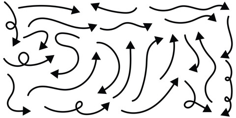 Set of vector curved arrows hand drawn. Sketch doodle style. Zigzag arrow stripes design with lines. Collection of pointers.