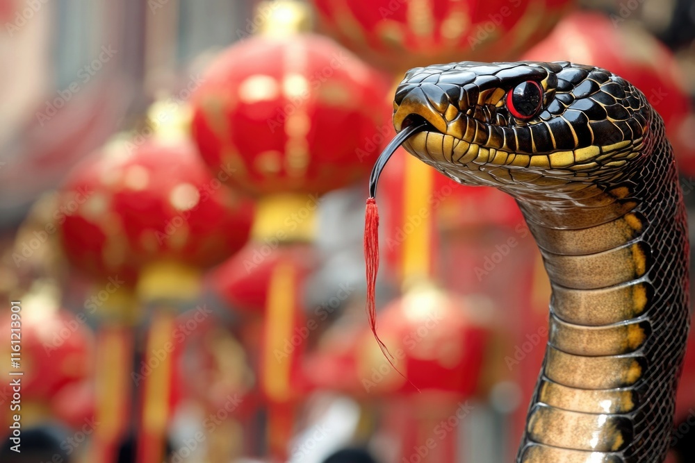 Poster A close-up shot of a snake with red lanterns in the background, perfect for uses such as symbolism or mysterious scenarios