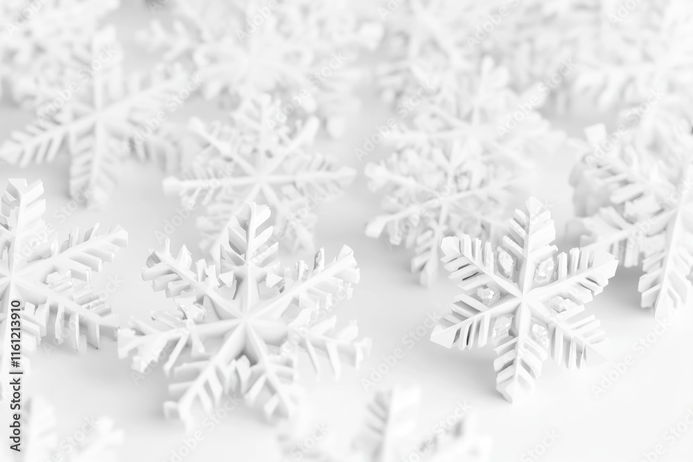 Poster a cluster of unique snowflakes resting on a pure white background