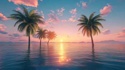 Fototapeta premium Tropical sunrise over a calm ocean, showcasing gentle waves and a serene atmosphere