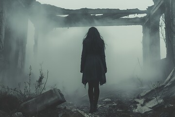 Mysterious Figure Standing in Foggy Ruins of an Abandoned Building at Twilight, Creating an Eerie Atmosphere