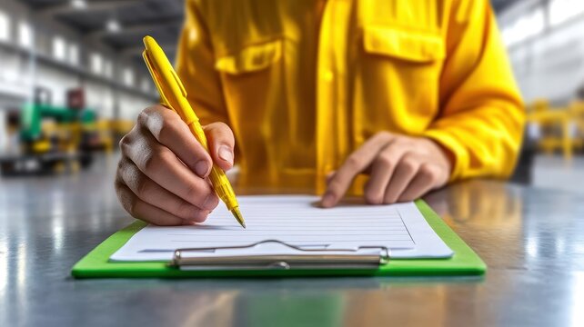 A person in a yellow shirt writes on a clipboard in a factory setting, emphasizing attention to detail and documentation.