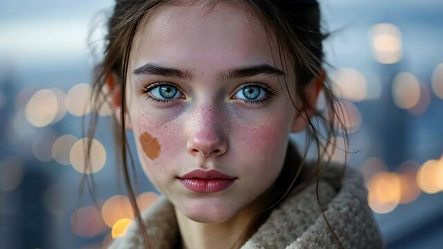 A girl with striking blue eyes and a large birthmark on her cheek gazes thoughtfully at the city skyline as twilight sets in, illuminating the surroundings with a warm glow.
