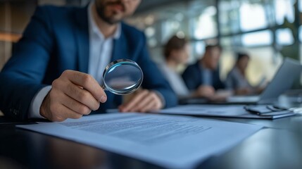 Businessman examining documents with magnifying glass in office meeting