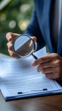 Businessperson analyzing document with magnifying glass in office setting