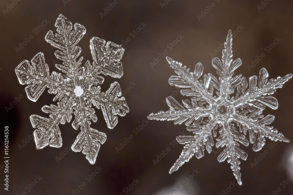 Poster Two unique snowflakes resting together, highlighting their intricate patterns and delicate structure