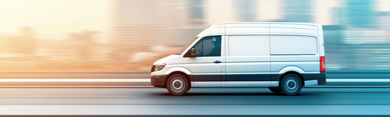 Obraz premium White delivery van speeding on urban road with blurred cityscape