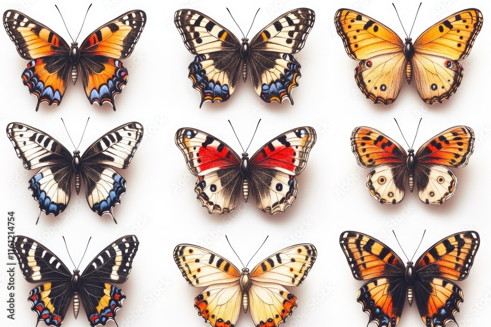 Poster a group of colorful butterflies sit on a clean white surface, waiting to be admired