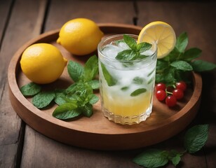 Fototapeta premium A glass of lemon juice bloom refrigeration effect. On a wooden tray two lemons and mint leaves.