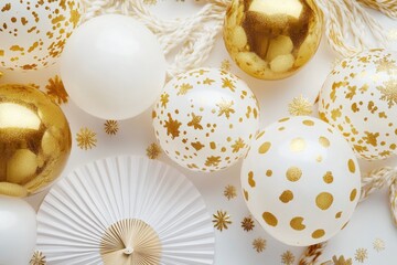 Obraz premium A collection of white and gold balloons tied together on a table, suitable for party or celebration decoration