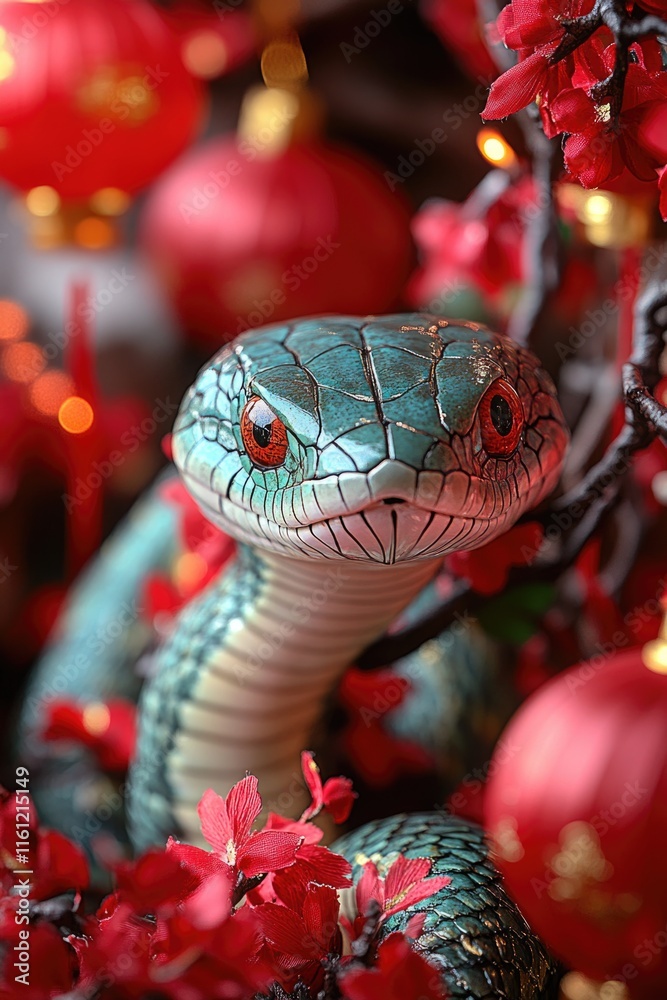 Poster a close-up shot of a snake curled around a branch featuring red flowers