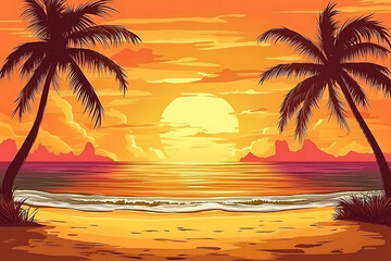 Obraz premium A serene tropical beach during sunset featuring golden skies, gentle waves, and palm trees silhouetted against the horizon, creating a perfect scene for relaxation and vacation inspiration.