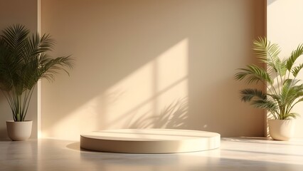 Fototapeta premium Serene Beige Interior Room with Sunlit Podium, Product Display Mockup, Minimalist Aesthetic, Warm Shadows, Beige Concrete Floor, Light Beige Podium, Neutral Background