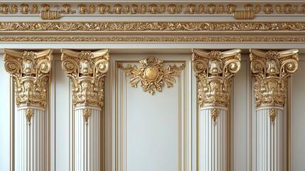 Obraz premium A detailed view of an ornate interior wall featuring classical architectural elements. The image showcases four beautifully crafted columns with intricate golden capitals and fluted bases. These decor