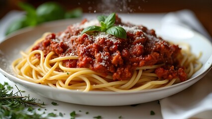 Delicious Spaghetti Bolognese, Close-Up Photo of Creamy Tomato Sauce Pasta Dish with Parmesan Cheese and Fresh Basil