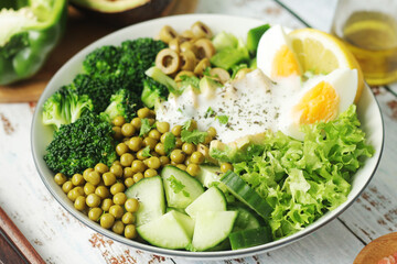 A bowl with a salad made of green vegetables