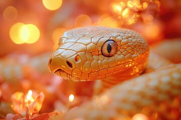 Obraz premium A close-up shot of a toy snake on a colorful bed of flowers, perfect for use in illustrations or as a decorative element