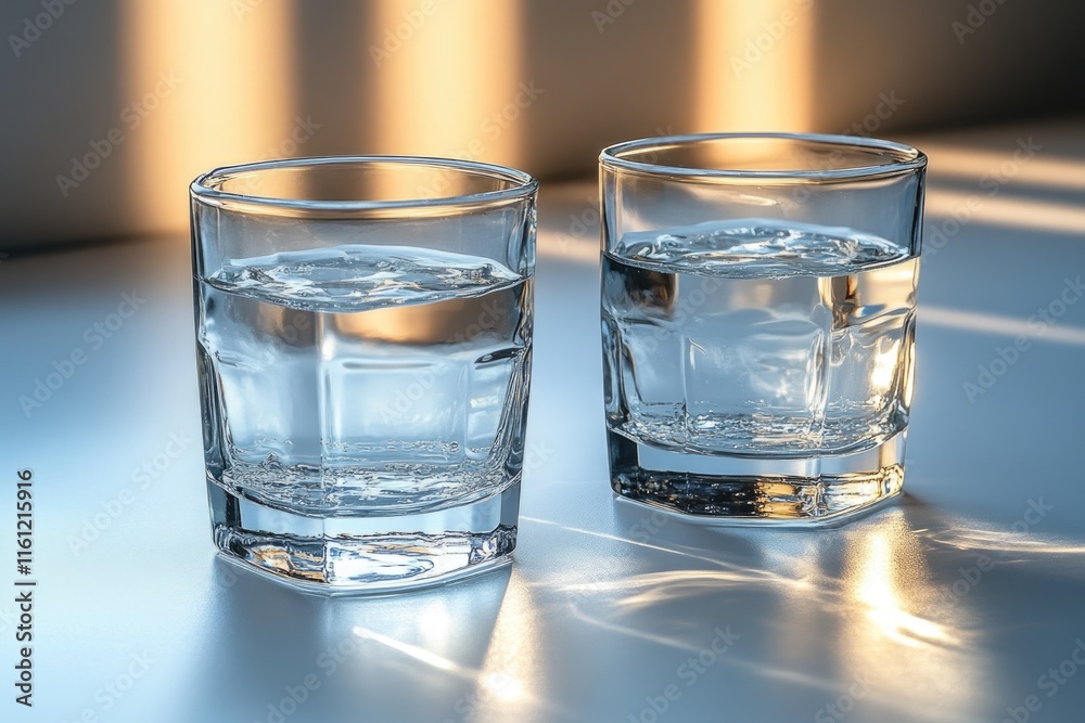 Poster Two empty glasses of water sitting on a table in a modern setting