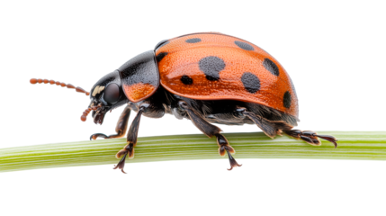 Ladybug resting on a green leaf showing off its vibrant red shell with black spots, isolated on white background