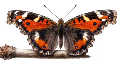 A Red Admiral butterfly with its wings fully extended showing off its striking red and black patterns, isolated on white background.
