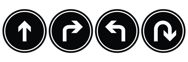 Go Straight, U turn, Right Left, One Way, Only U Turn Arrow Sign Direction Icon. Set of arrows icons. Circle arrows, rotate arrow, spinning loading symbol. Circular rotation, redo process.