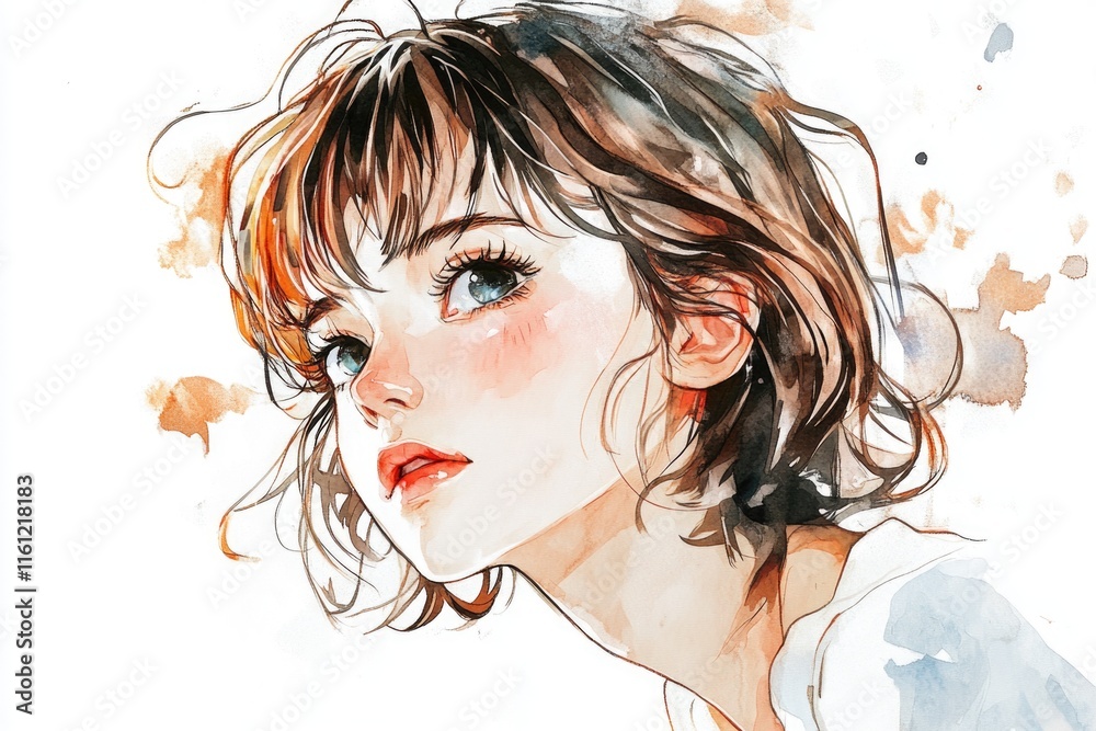 Poster watercolor portrait of a woman's face with delicate features and subtle expression
