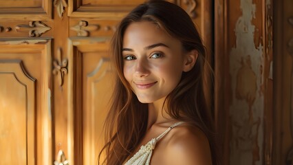 Fototapeta premium Confident Young Woman with Chestnut Hair, Elegant Pose Against Intricate Carved Wooden Background, Soft Golden Light