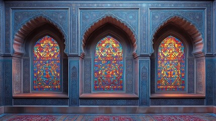 Fototapeta premium Three arched windows with vibrant stained glass panels