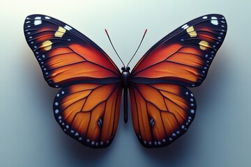 Fototapeta premium A large orange butterfly sits on a white surface, waiting to take flight