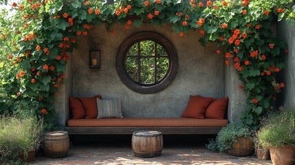 Cozy garden nook with circular window surrounded by lush vines and vibrant flowers