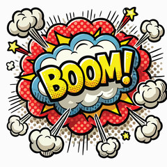 Cartoon comic sign burst cloud. Speech bubble, boom sign expression and   on a white background