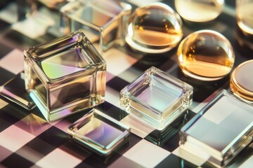 A collection of glass cubes resting on a checkered surface