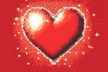 Vibrant Red Pixel Heart Design Celebrating Valentine's Day with Dramatic Lighting and a Bold Border Perfect for Romantic Themes and Eye-Catching Graphics