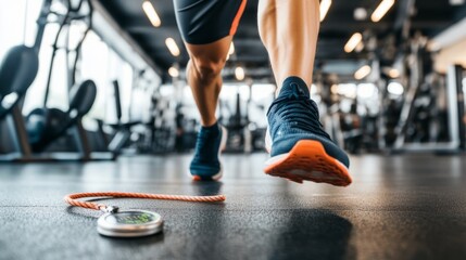 Fototapeta premium A person in a gym wearing workout clothes, performing high-intensity interval training with a timer on the floor, focusing on a jump rope exercise. The background is blurred with gym equipment, emphas