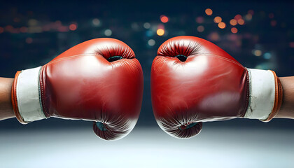 Business Battle: A dramatic close-up of two boxing gloves poised for impact, symbolizing fierce competition and the fight for market dominance.