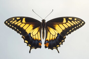 Obraz premium A yellow and black butterfly flies near the blue sky