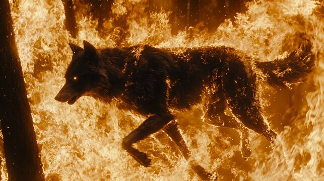Fiery Wolf's Run: A Mystical Canine Amidst Inferno