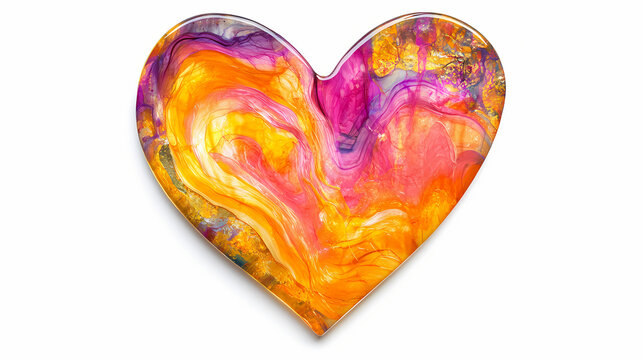 Vibrant heart-shaped fused glass artwork featuring swirling patterns of pink, orange, and yellow hues, suspended against a stark white background, evoking warmth and love. Suncatcher. Illustration